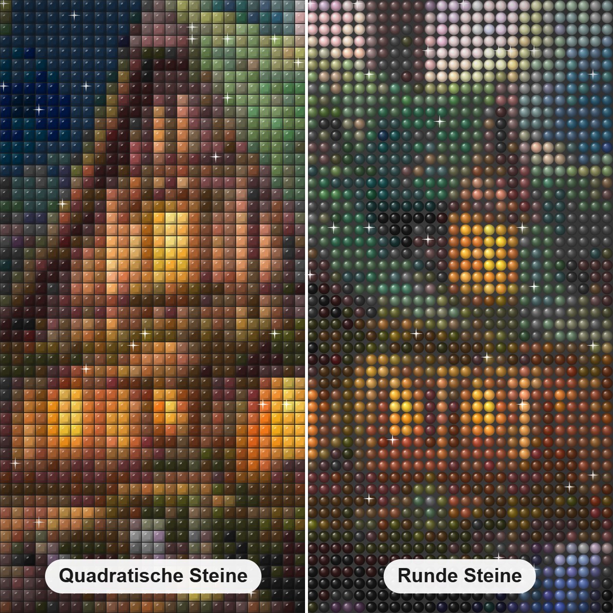 Wunderschönes Bauernhaus Diamond Painting Nahaufnahme mit quadratischen und runden Steinen