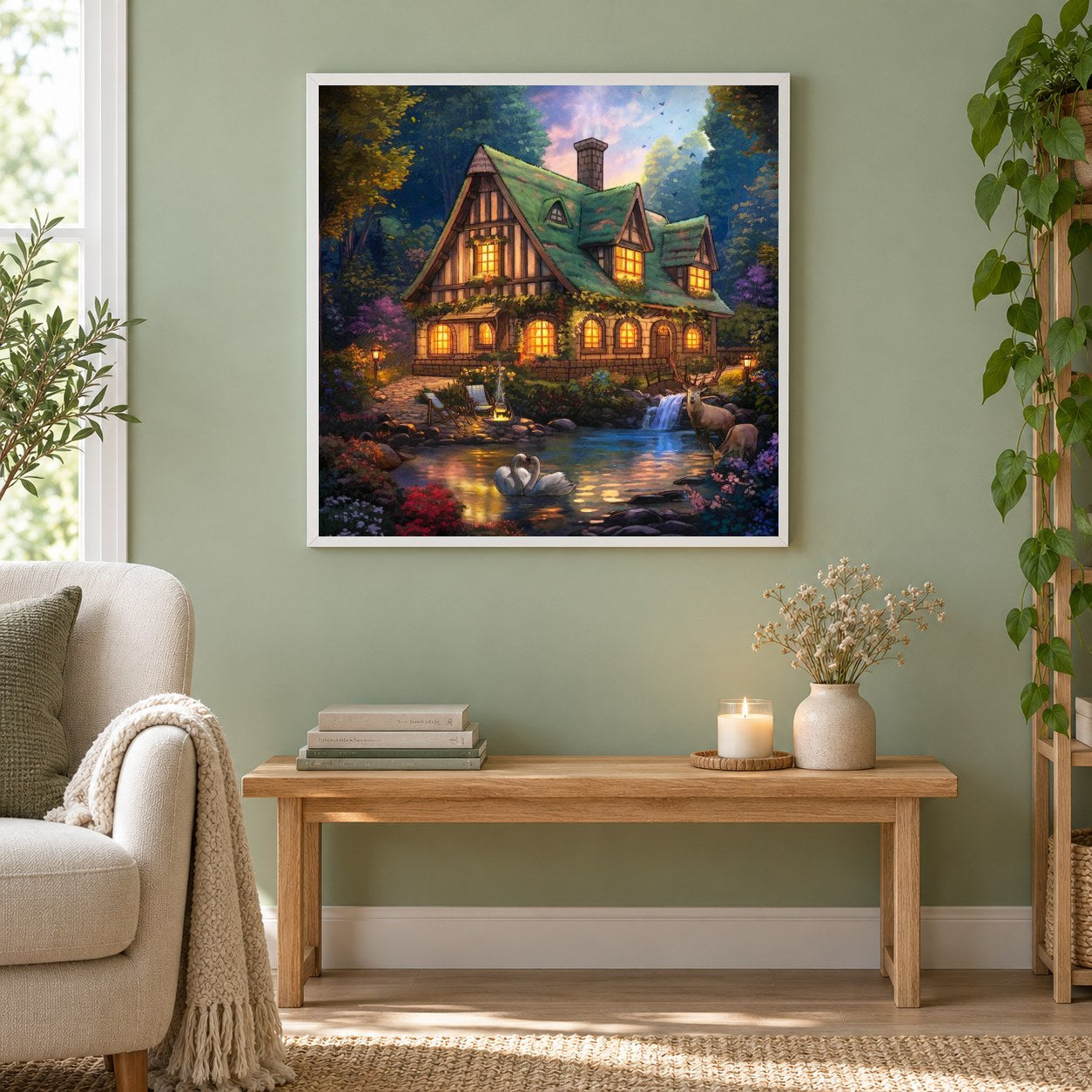 Wunderschönes Bauernhaus als gerahmtes Diamond Painting im Wohnzimmer