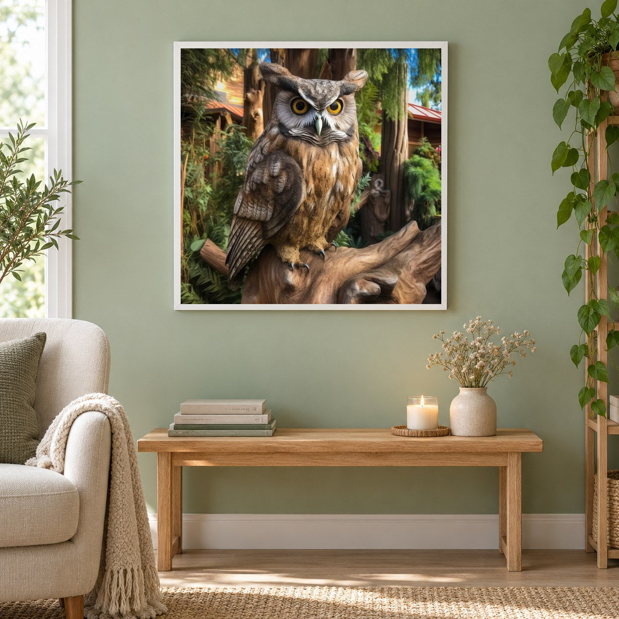 Schöne Eule auf einem Baum als gerahmtes Diamond Painting im Wohnzimmer