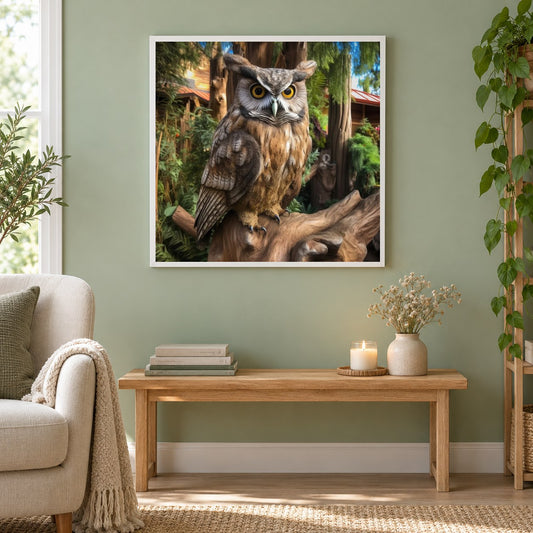 Schöne Eule auf einem Baum als gerahmtes Diamond Painting im Wohnzimmer