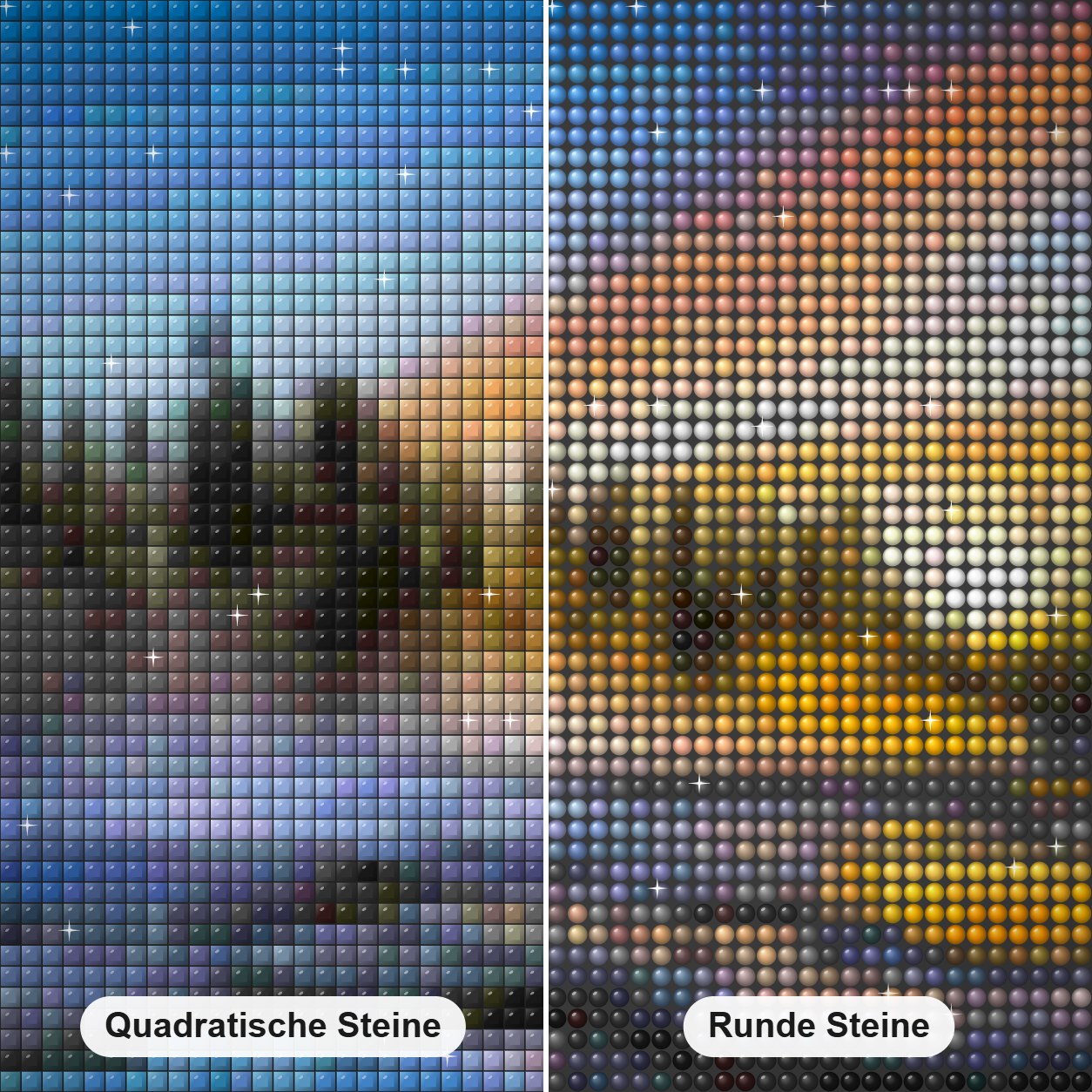Wunderschöner Ort am Waldrand Diamond Painting Nahaufnahme mit quadratischen und runden Steinen