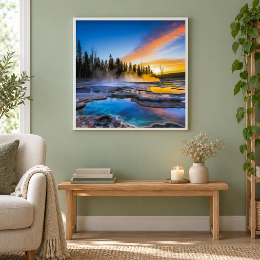 Wunderschöner Ort am Waldrand als gerahmtes Diamond Painting im Wohnzimmer