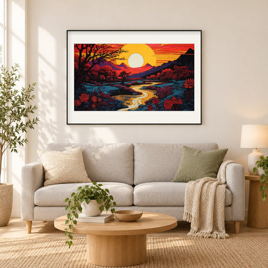 Wunderschöner Sonnenuntergang am Flussufer als gerahmtes Diamond Painting im Wohnzimmer