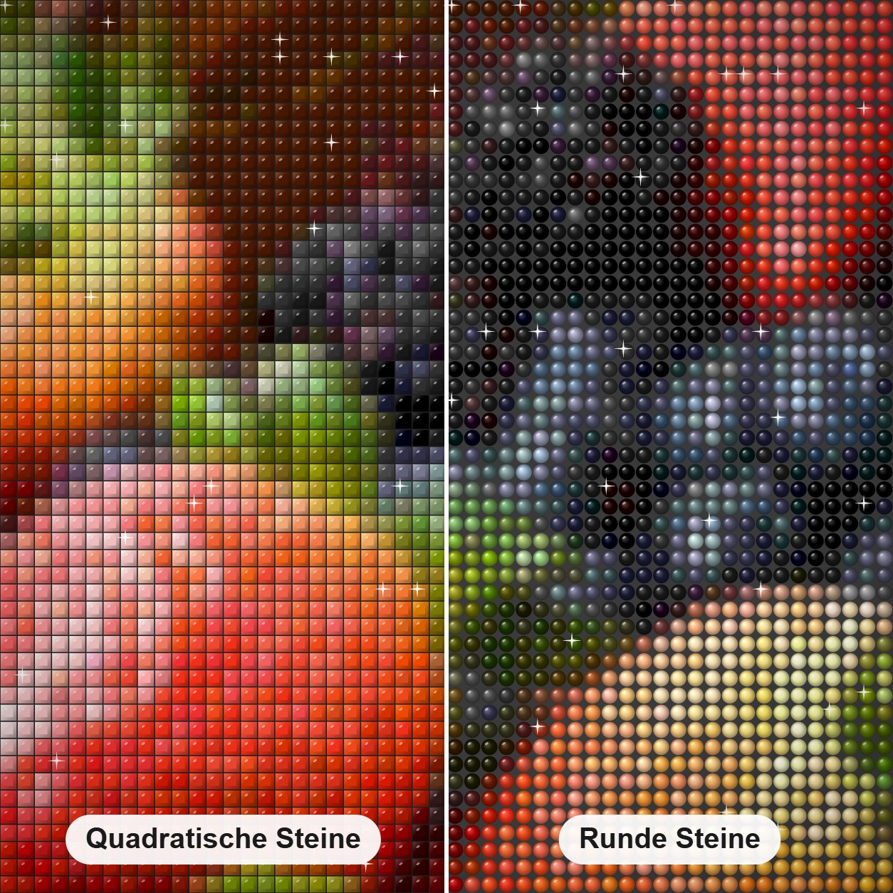 Beeren Diamant Diamond Painting Nahaufnahme mit quadratischen und runden Steinen