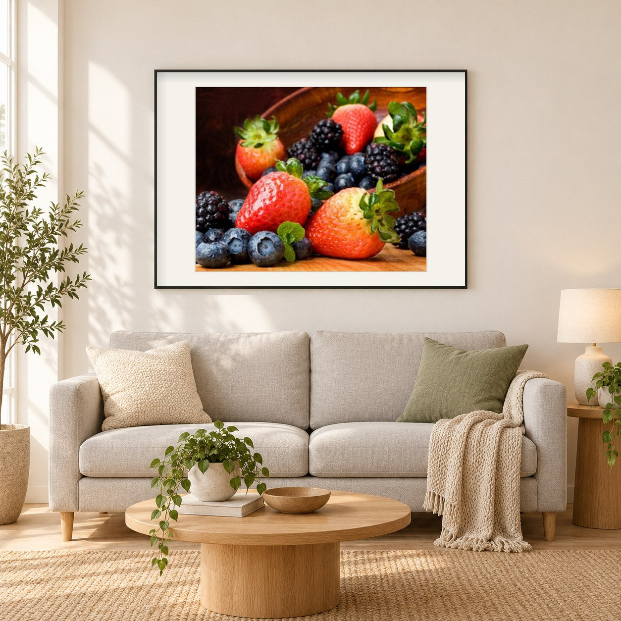 Beeren Diamant als gerahmtes Diamond Painting im Wohnzimmer