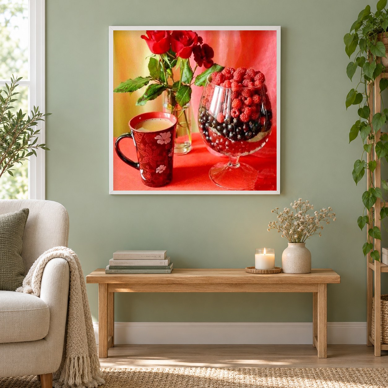 Beeren & Morgentee als gerahmtes Diamond Painting im Wohnzimmer