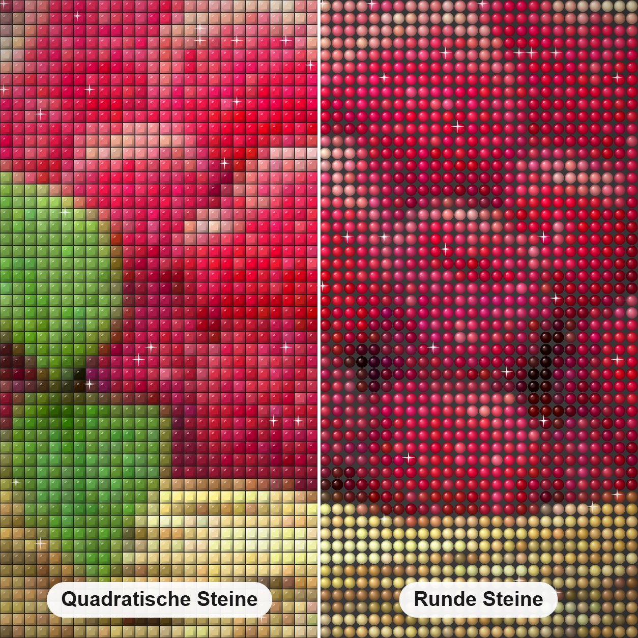 Beerenkorb Diamond Painting Nahaufnahme mit quadratischen und runden Steinen