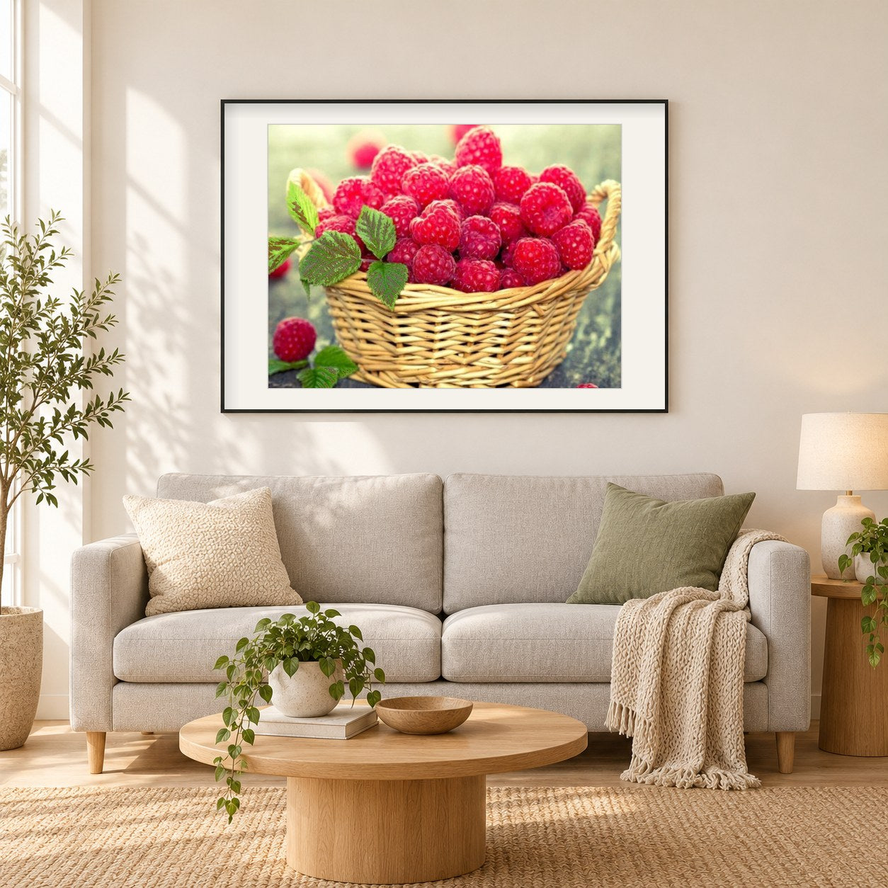 Beerenkorb als gerahmtes Diamond Painting im Wohnzimmer