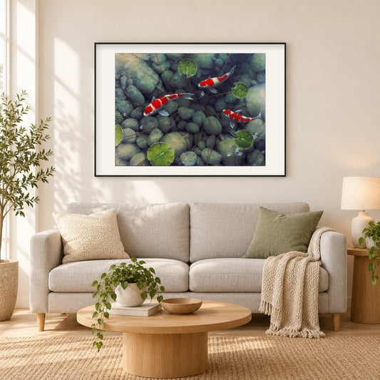BETRACHTER - Kunst des Terry Gilecki als gerahmtes Diamond Painting im Wohnzimmer