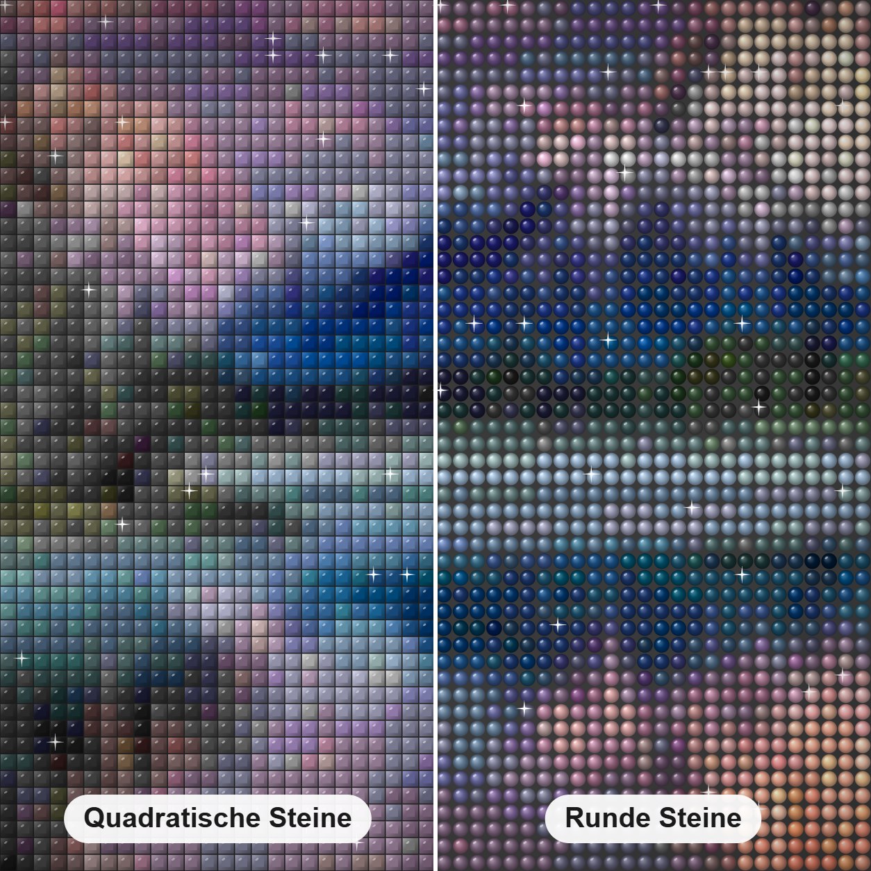 Berge & Fluss Diamond Painting Nahaufnahme mit quadratischen und runden Steinen