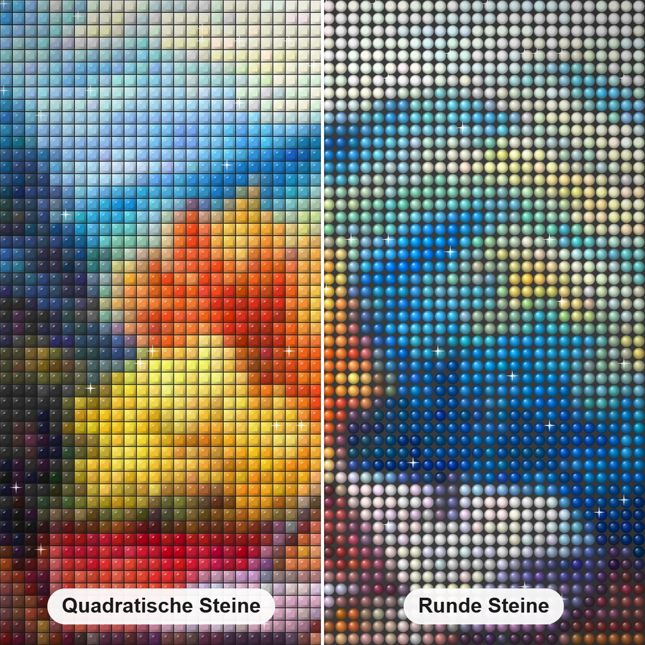Berge & Häuser Diamond Painting Nahaufnahme mit quadratischen und runden Steinen