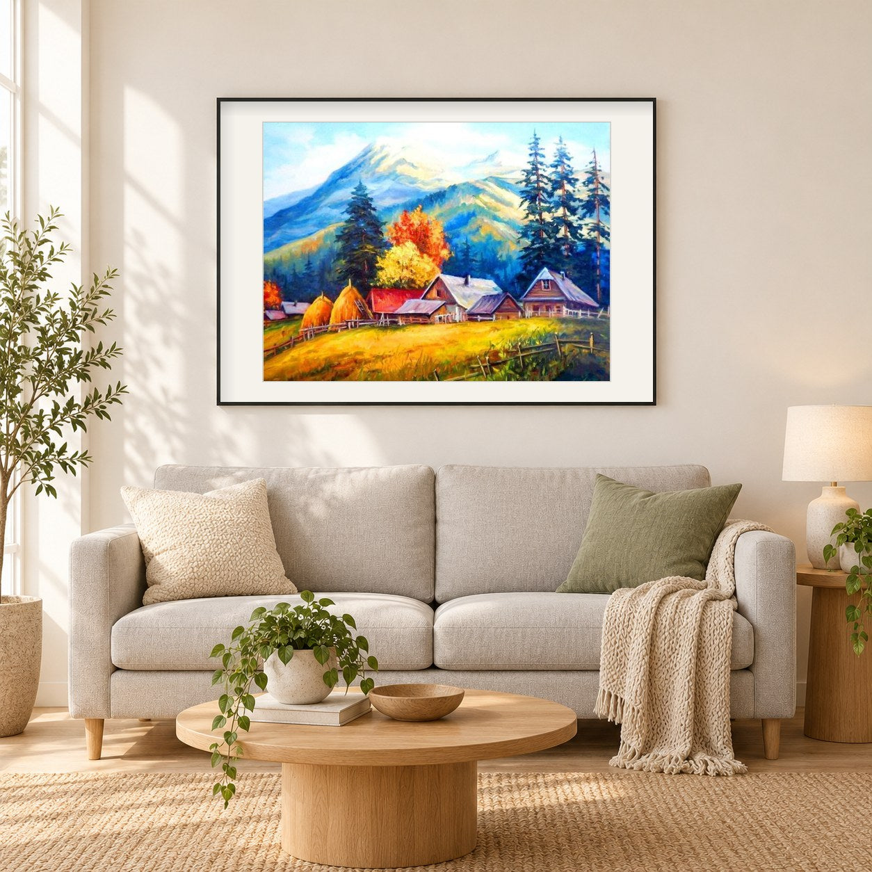 Berge & Häuser als gerahmtes Diamond Painting im Wohnzimmer