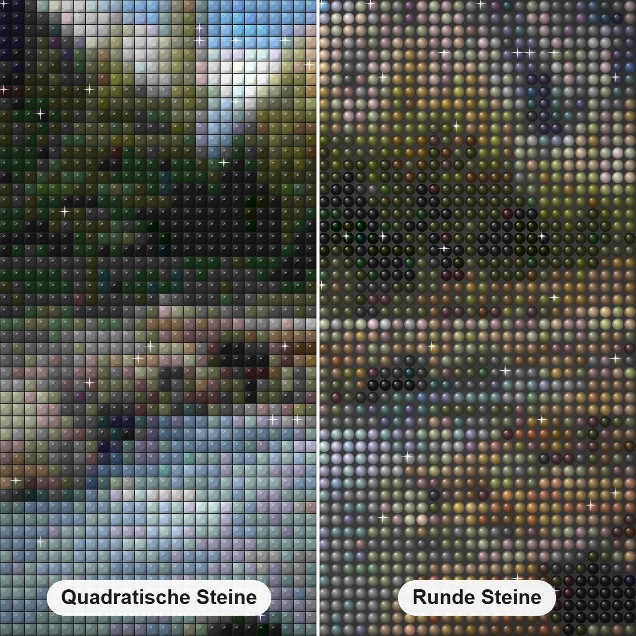 Berglandschaft Diamond Painting Nahaufnahme mit quadratischen und runden Steinen