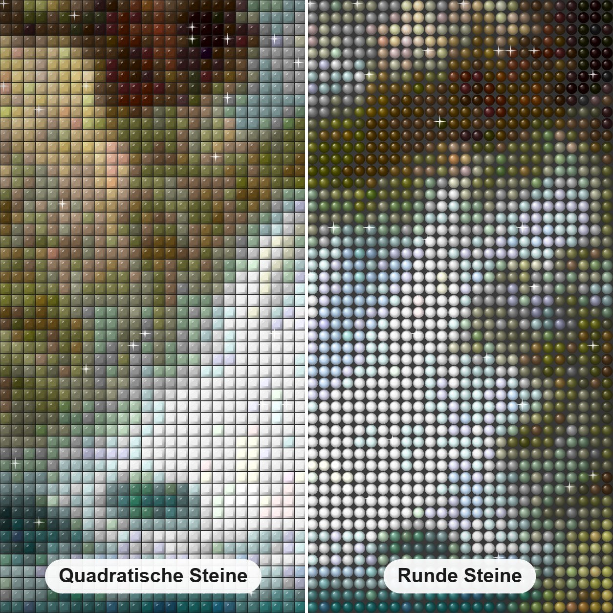 Bester Wasserfall. Diamond Painting Nahaufnahme mit quadratischen und runden Steinen
