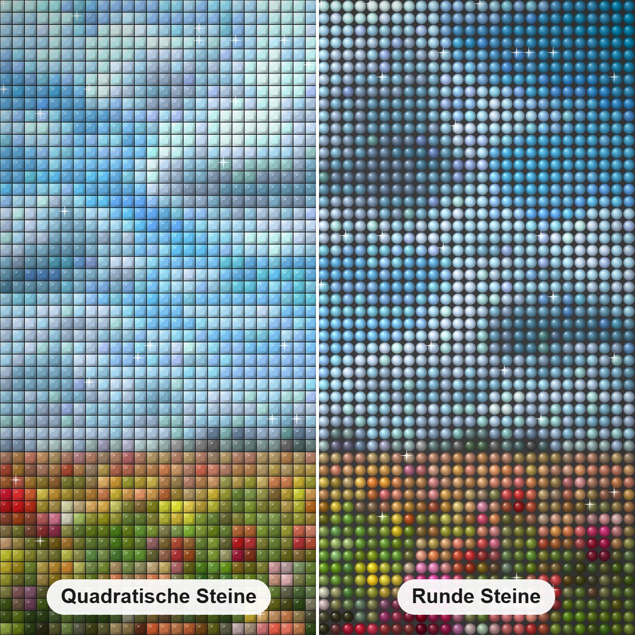 Bewölkter Himmel und bunte Tulpen Diamond Painting Nahaufnahme mit quadratischen und runden Steinen