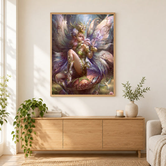 Bezaubernde Fee als gerahmtes Diamond Painting im Wohnzimmer