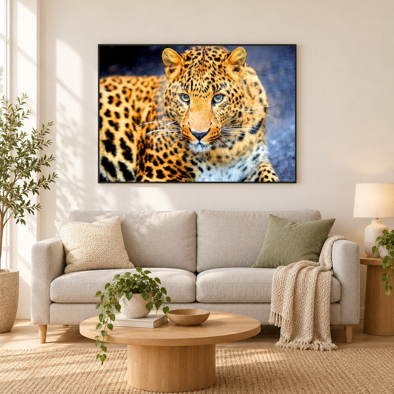 Bezauberndes Leopard als gerahmtes Diamond Painting im Wohnzimmer