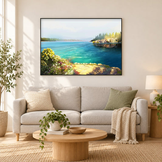 Großer Bärensee - Kunst des Jean Guillet als gerahmtes Diamond Painting im Wohnzimmer