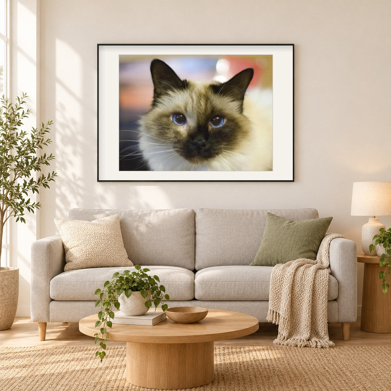 Birman Katze malen mit Diamanten als gerahmtes Diamond Painting im Wohnzimmer