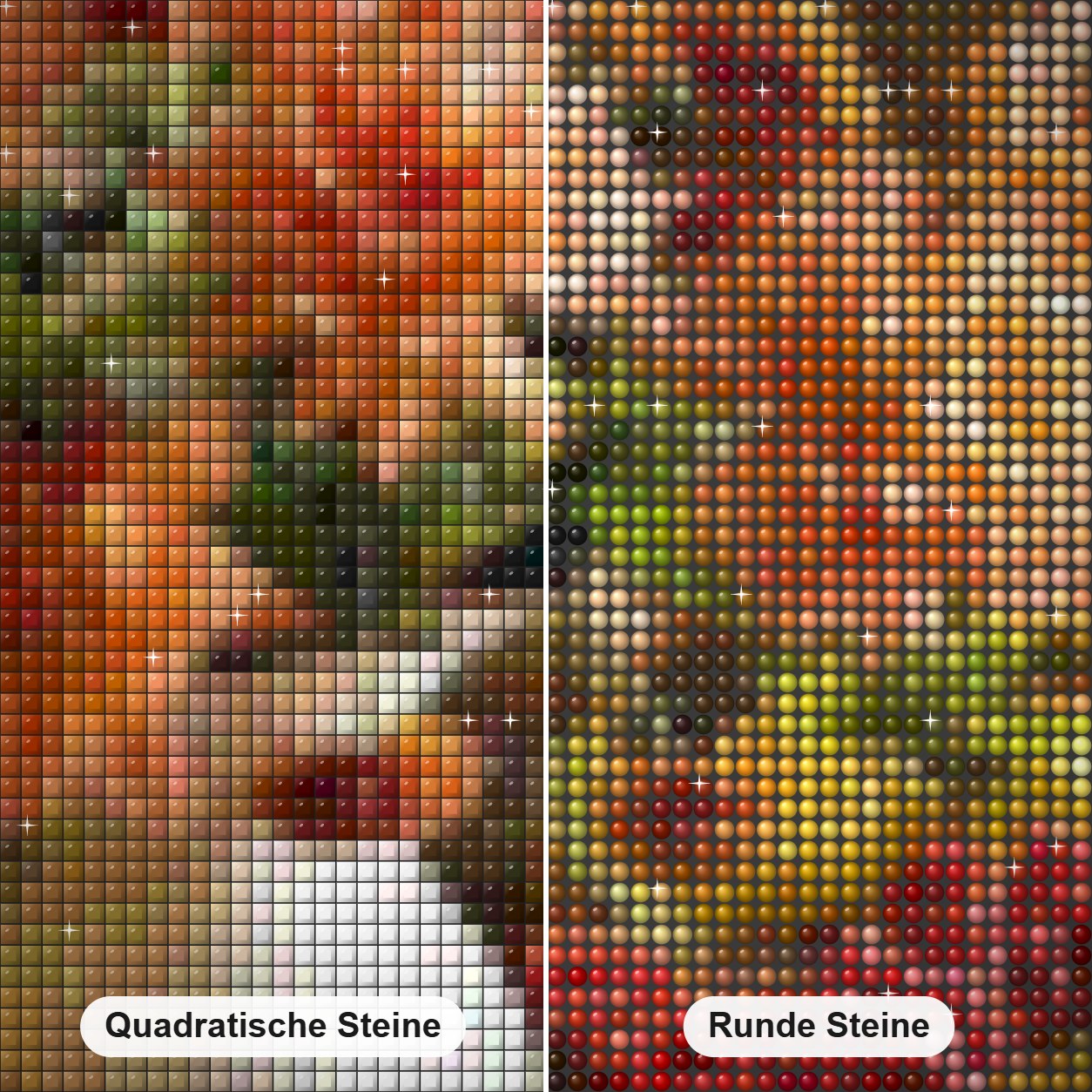 Birnen, Äpfel und Blumenvase Diamond Painting Nahaufnahme mit quadratischen und runden Steinen
