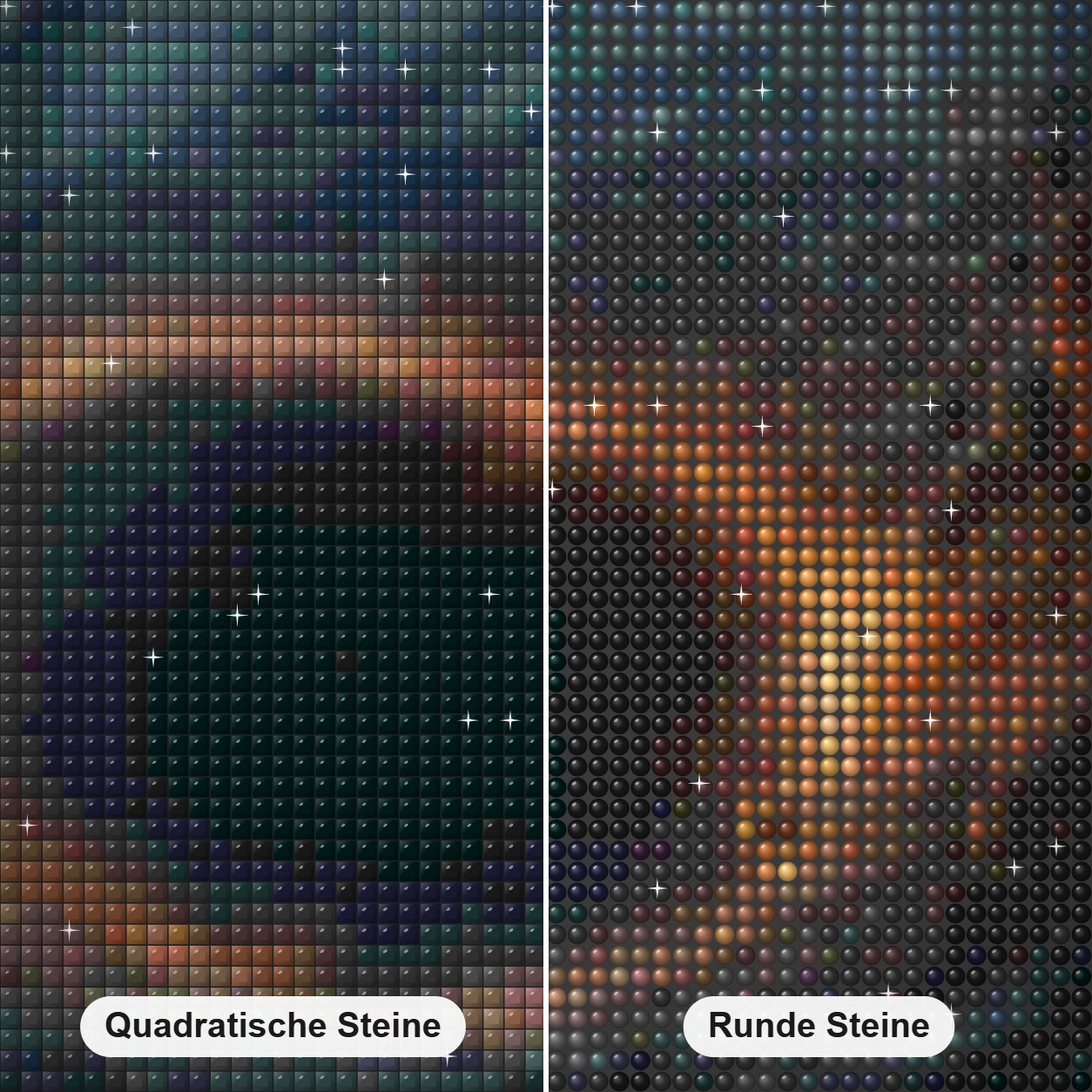 Schwarzes Loch Diamond Painting Nahaufnahme mit quadratischen und runden Steinen