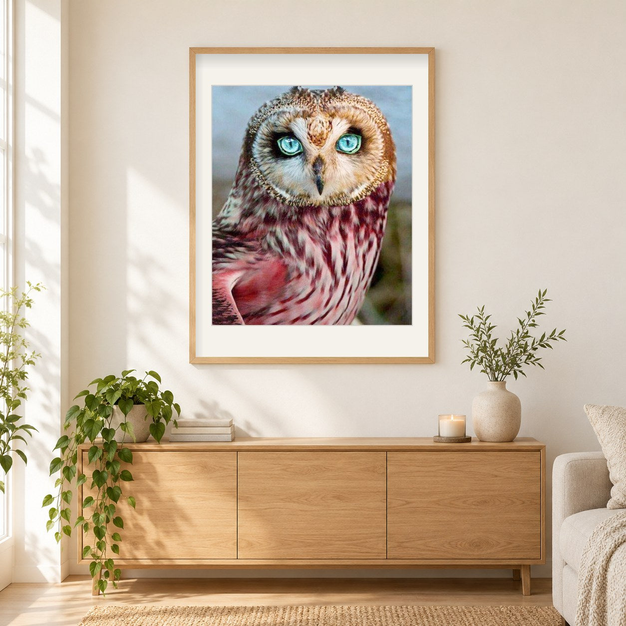 Blauäugige Eule als gerahmtes Diamond Painting im Wohnzimmer