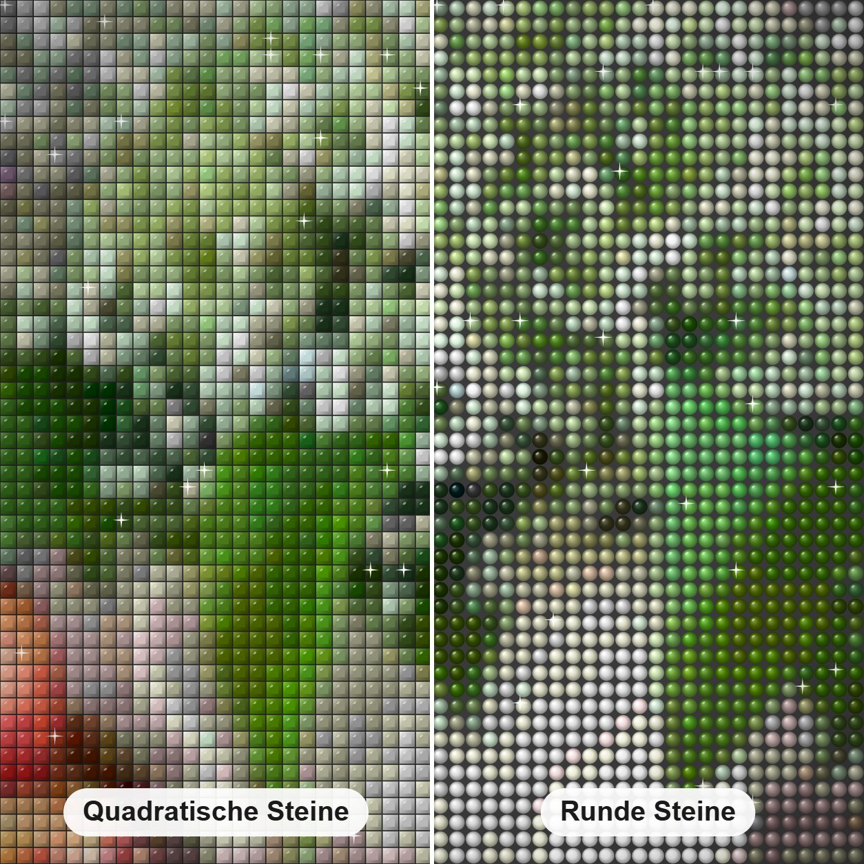 Blaubeeren, Äpfel & Blumenvase Diamond Painting Nahaufnahme mit quadratischen und runden Steinen