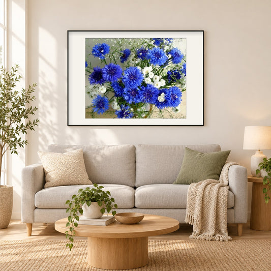 Blaue Blumen als gerahmtes Diamond Painting im Wohnzimmer
