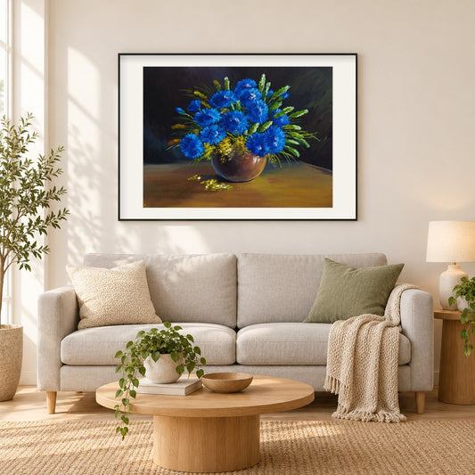 Blaue Blumenvase Stillleben als gerahmtes Diamond Painting im Wohnzimmer