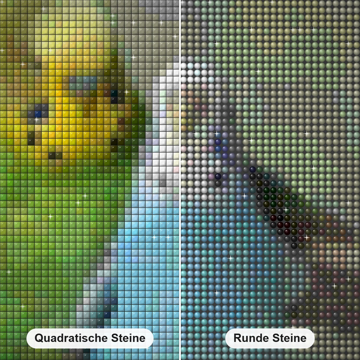 Blaue & grüne australische Papageien Diamond Painting Nahaufnahme mit quadratischen und runden Steinen