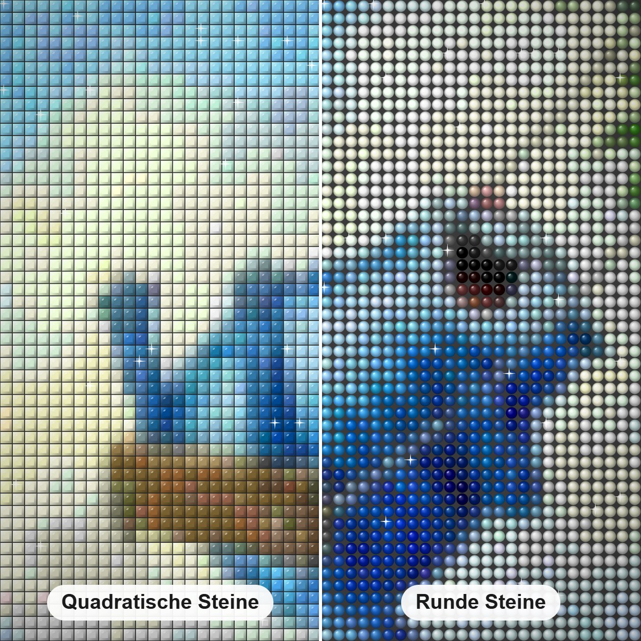 Blaue Katze auf Schaukel Diamond Painting Nahaufnahme mit quadratischen und runden Steinen