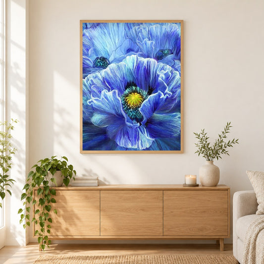 Blaue Mohnblume von Carol Cavalaris als gerahmtes Diamond Painting im Wohnzimmer