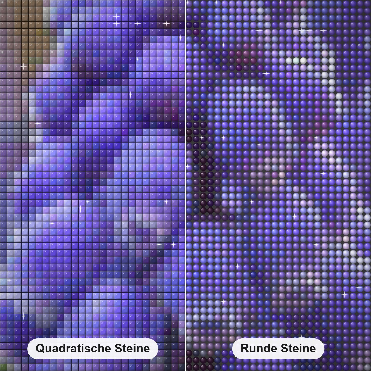 Blaue Muscari Blumen Diamond Painting Nahaufnahme mit quadratischen und runden Steinen