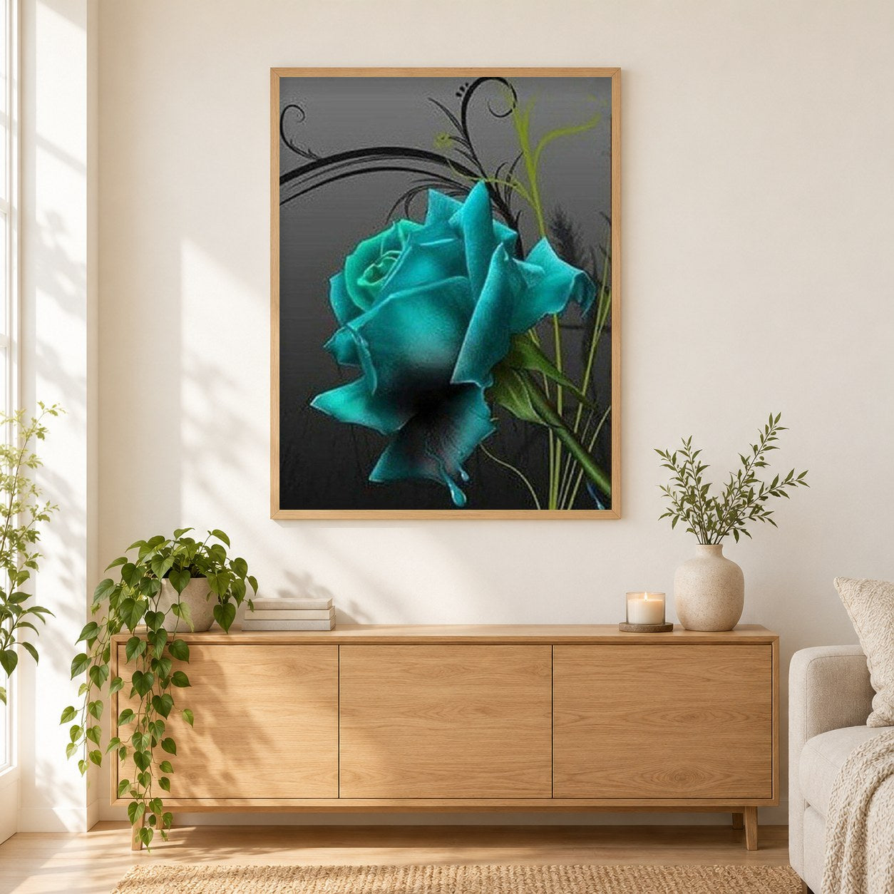 blaue Rose als gerahmtes Diamond Painting im Wohnzimmer