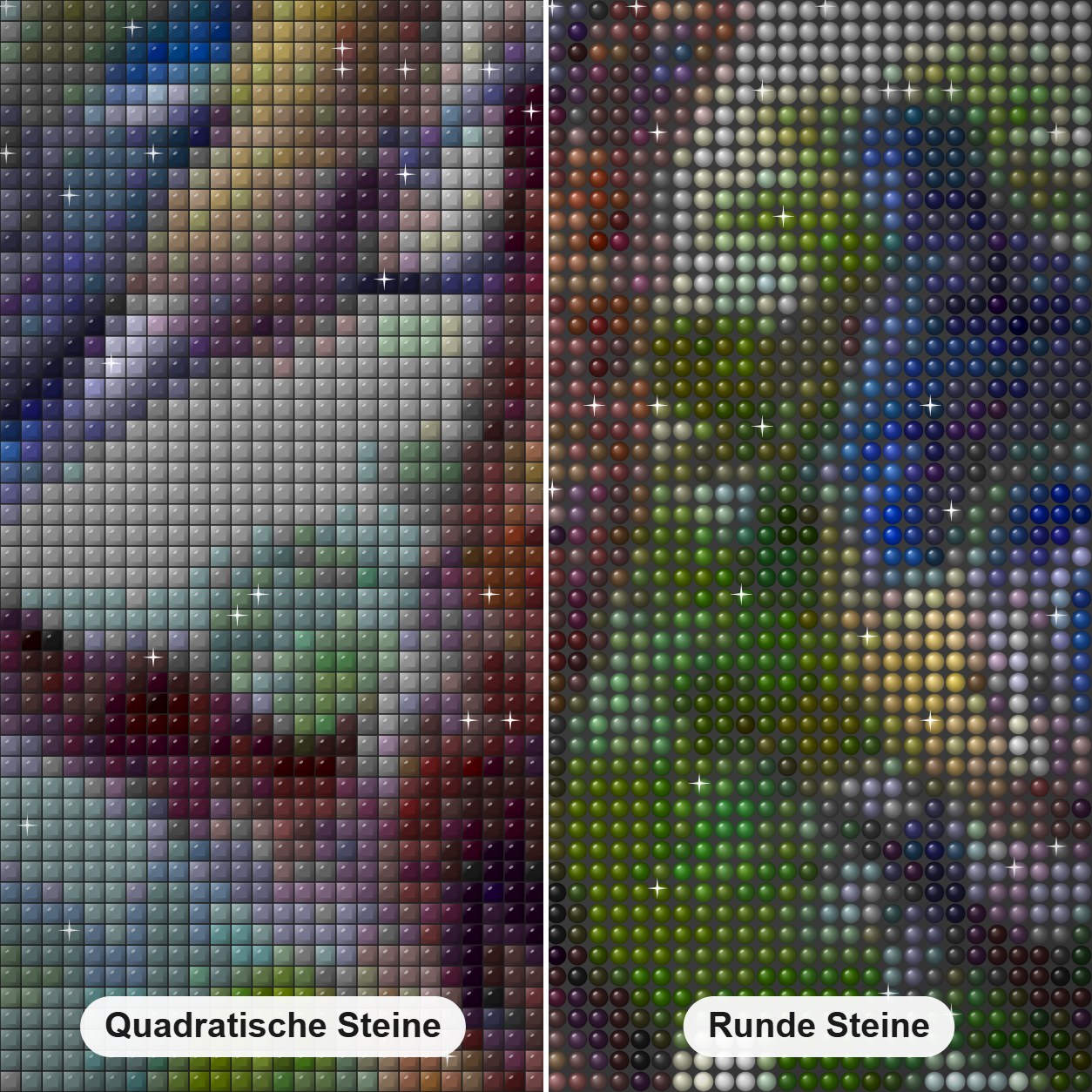 Blaue Spatzen & weiße Blumen Diamond Painting Nahaufnahme mit quadratischen und runden Steinen