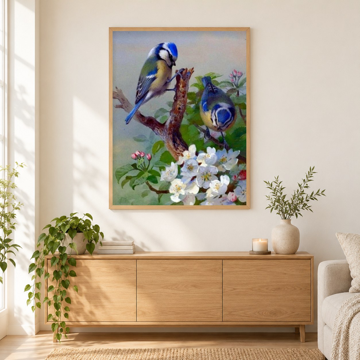 Blaue Spatzen & weiße Blumen als gerahmtes Diamond Painting im Wohnzimmer