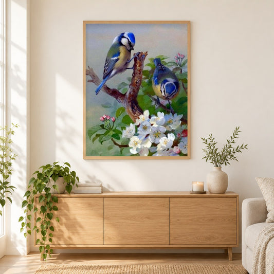 Blaue Spatzen & weiße Blumen als gerahmtes Diamond Painting im Wohnzimmer