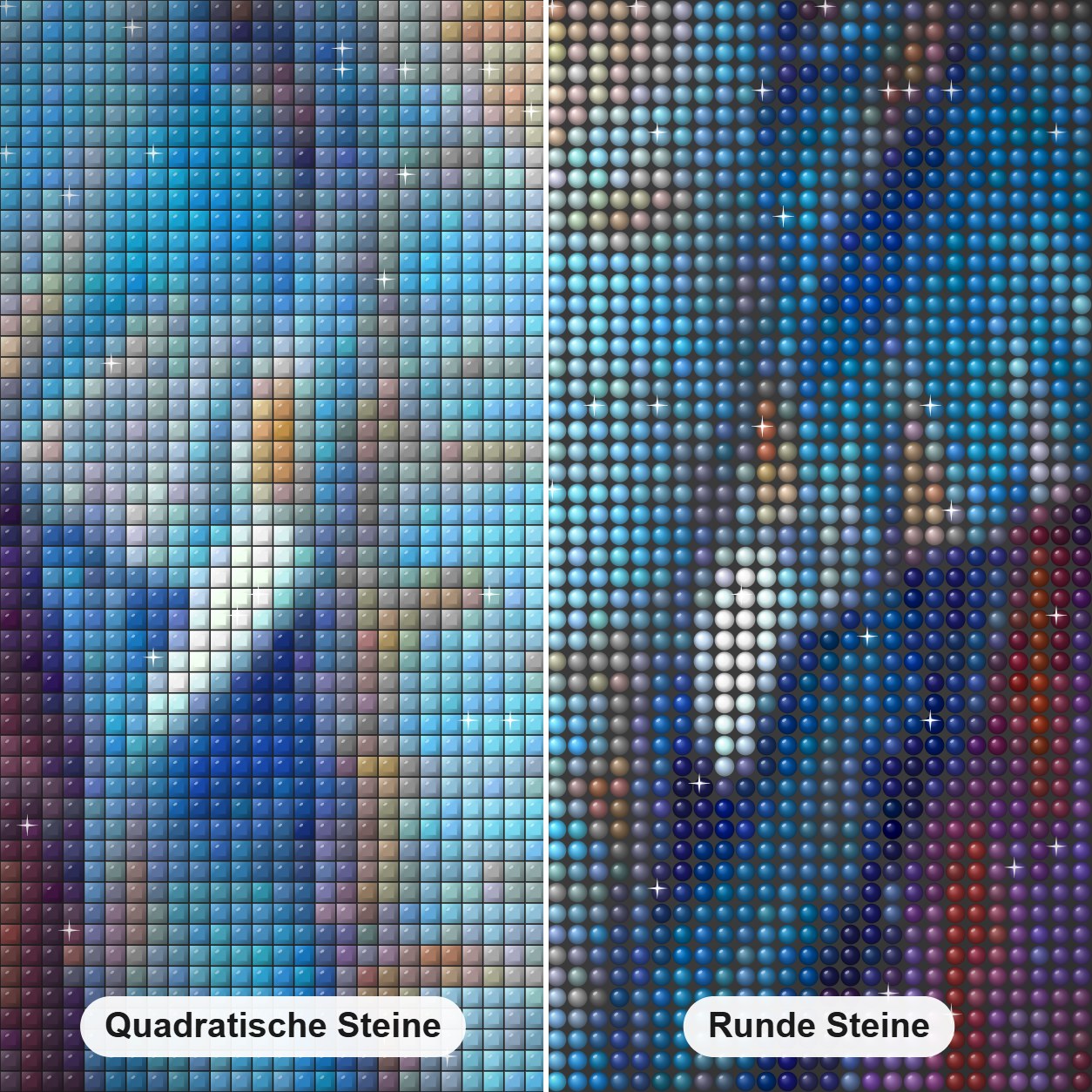 Blauer Elefant Diamond Painting Nahaufnahme mit quadratischen und runden Steinen