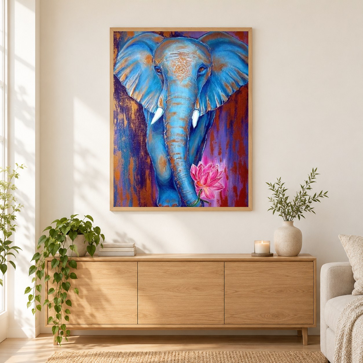 Blauer Elefant als gerahmtes Diamond Painting im Wohnzimmer