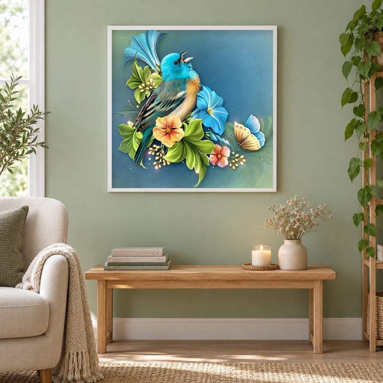 Blauer Spatz & Blumen als gerahmtes Diamond Painting im Wohnzimmer