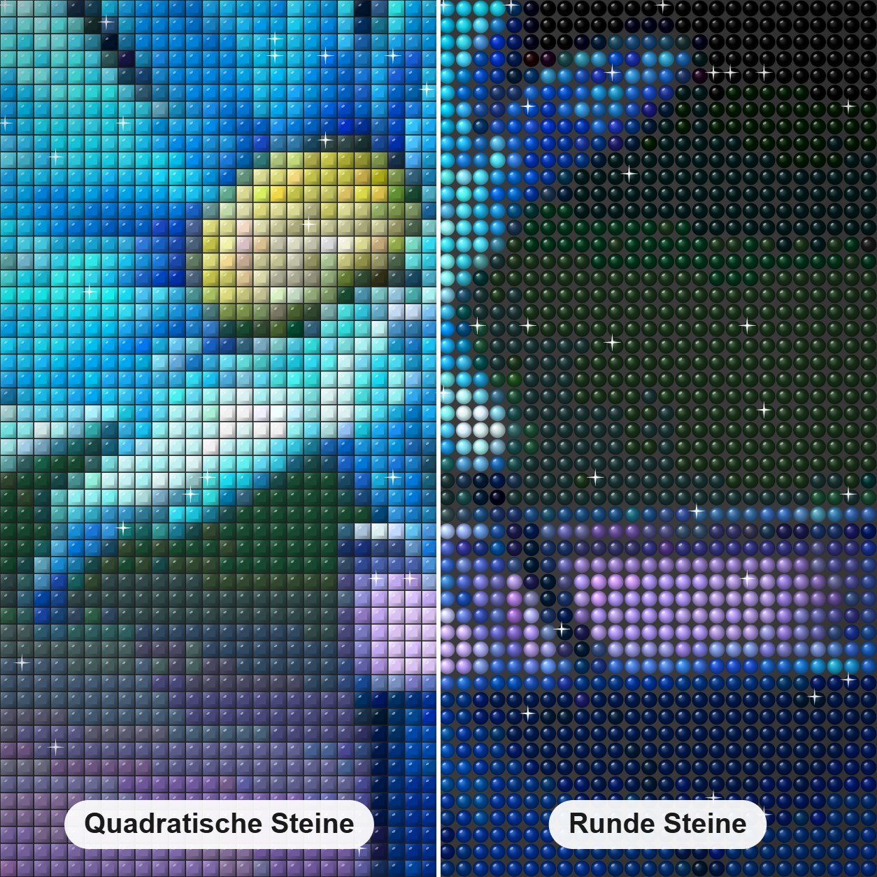 Blaues Gänseblümchen im Glas Diamond Painting Nahaufnahme mit quadratischen und runden Steinen