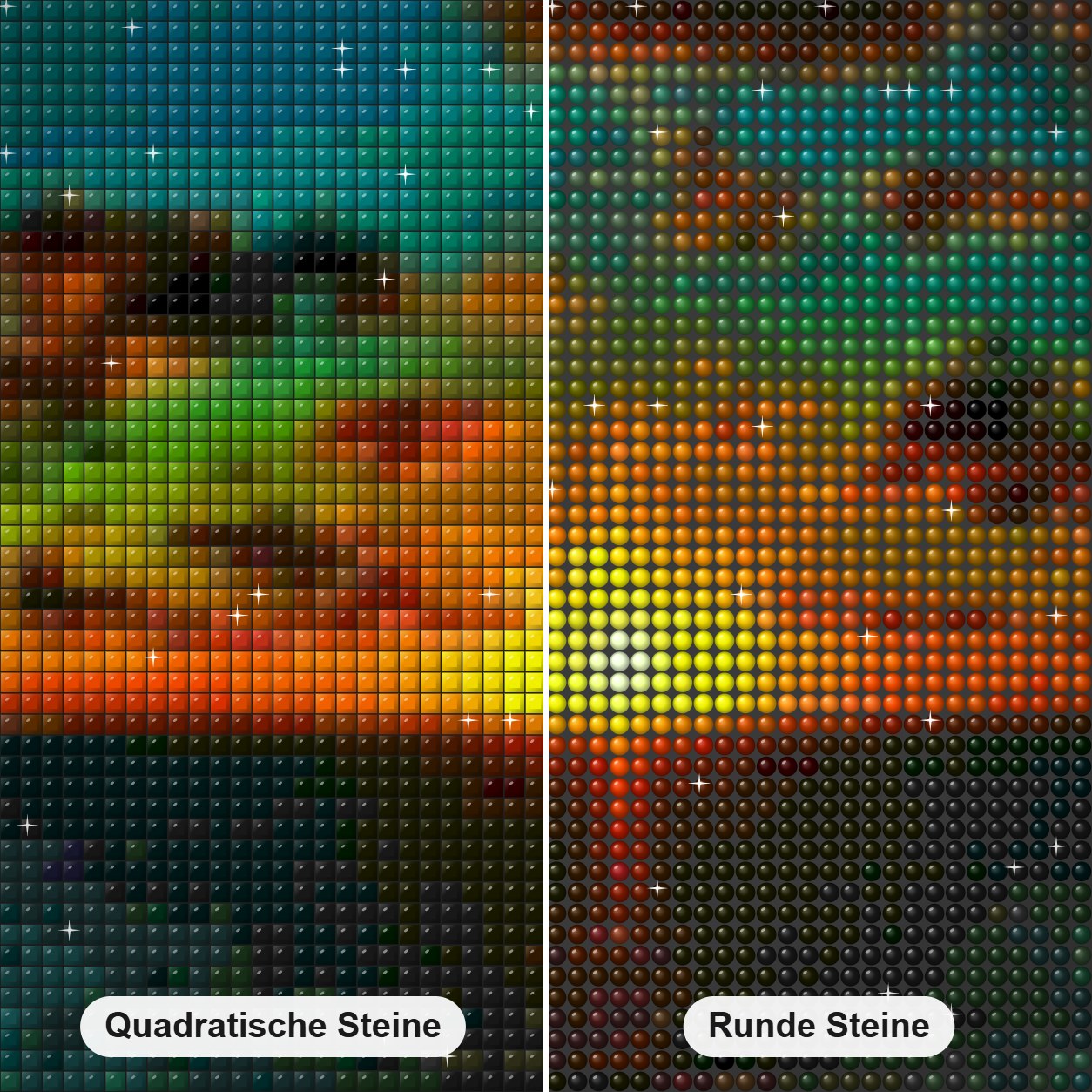 Blaues Meer und Sonnenuntergang Diamond Painting Nahaufnahme mit quadratischen und runden Steinen