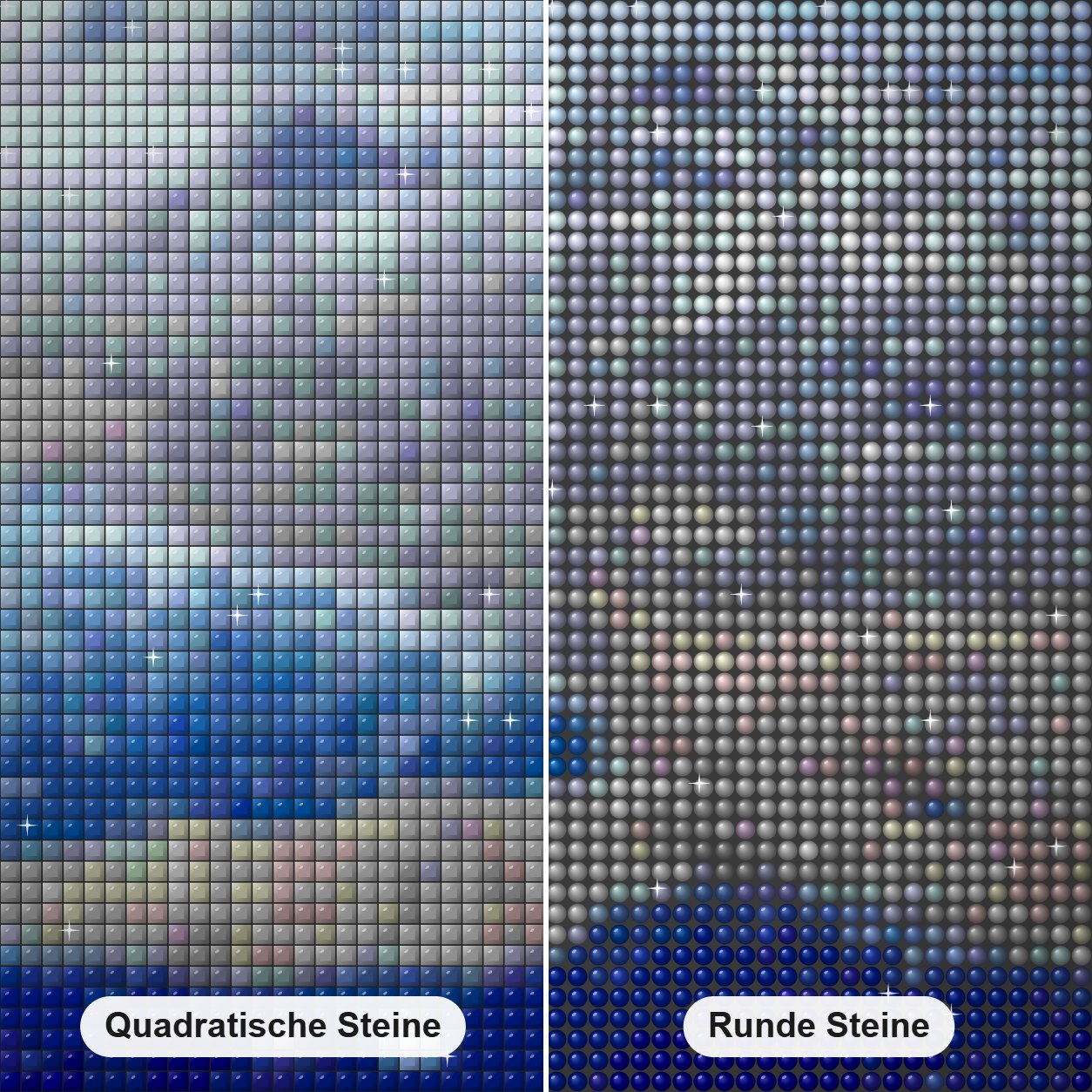 Blaues Wasser Diamond Painting Nahaufnahme mit quadratischen und runden Steinen