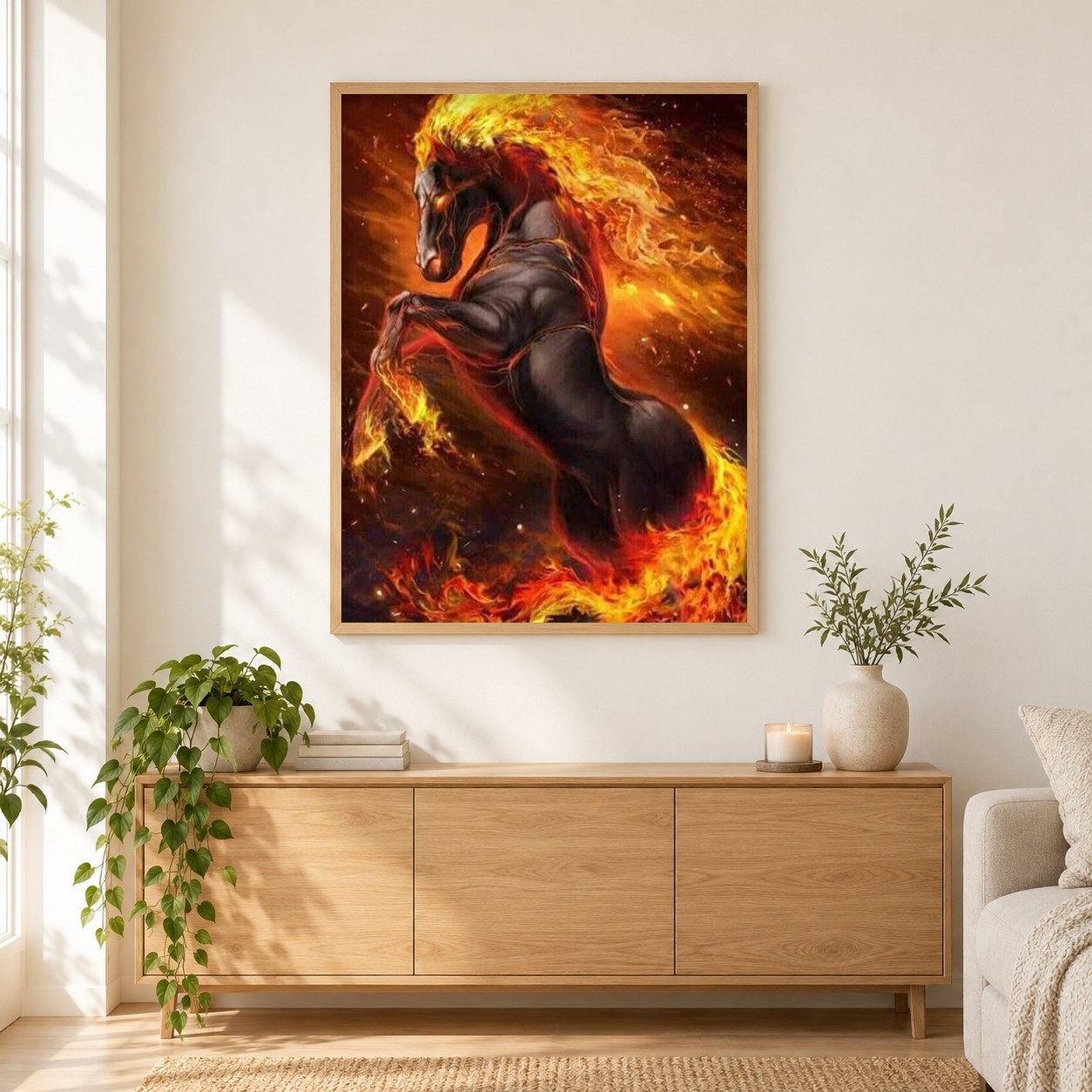Blazing Pferd als gerahmtes Diamond Painting im Wohnzimmer