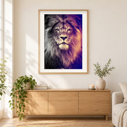Blick auf Löwen als gerahmtes Diamond Painting im Wohnzimmer