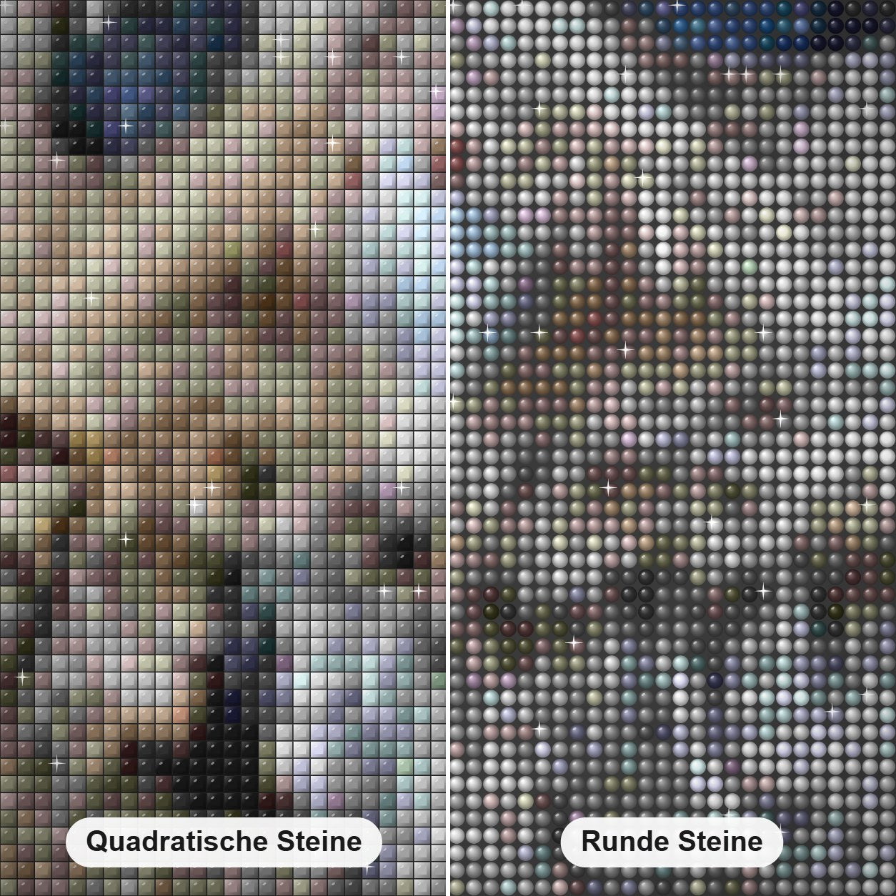 Blinde Eule mit sternenklaren Augen Diamond Painting Nahaufnahme mit quadratischen und runden Steinen