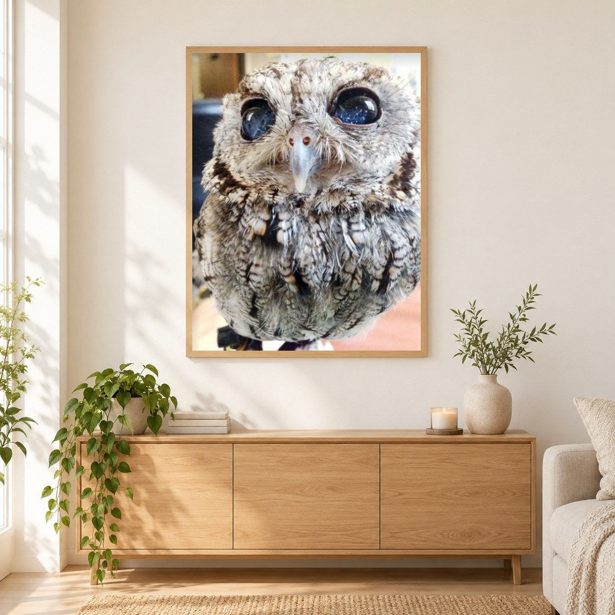 Blinde Eule mit sternenklaren Augen als gerahmtes Diamond Painting im Wohnzimmer