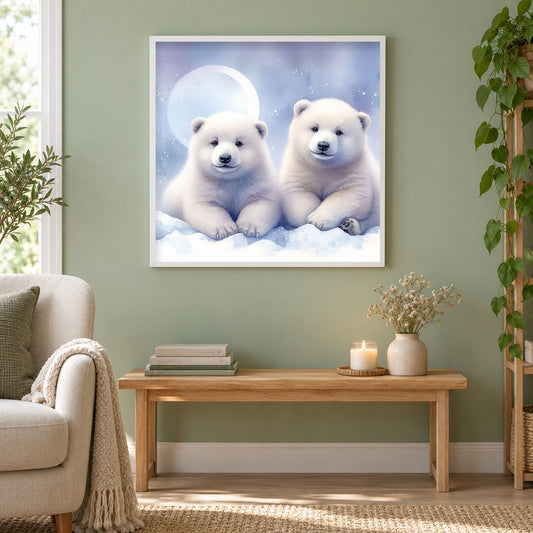 Glückselige Eisbären als gerahmtes Diamond Painting im Wohnzimmer