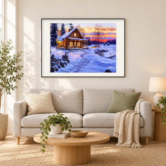 Blockhaus im Schnee als gerahmtes Diamond Painting im Wohnzimmer