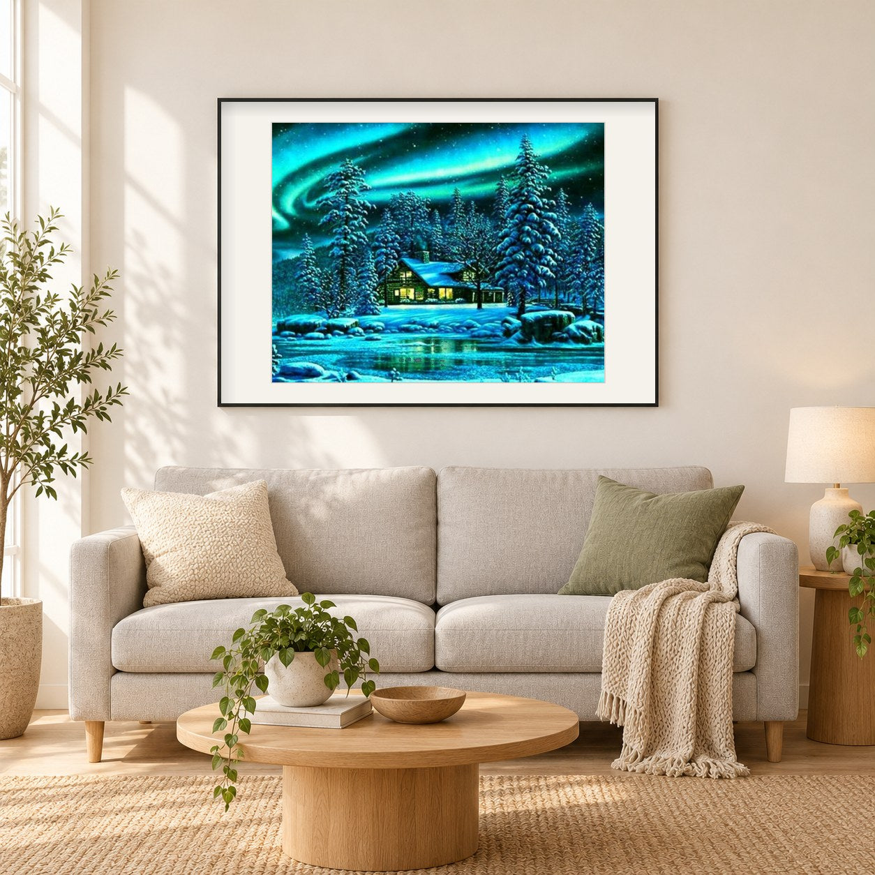 Blockhaus im Schnee als gerahmtes Diamond Painting im Wohnzimmer